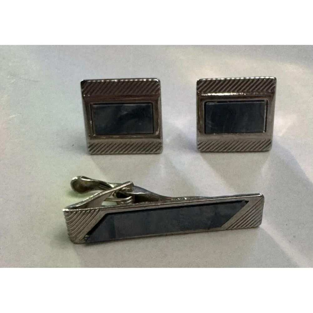 Vintage Gold Tone Cufflinks & Tie Clip Set Gray Inlay Rectangular Art Deco Look